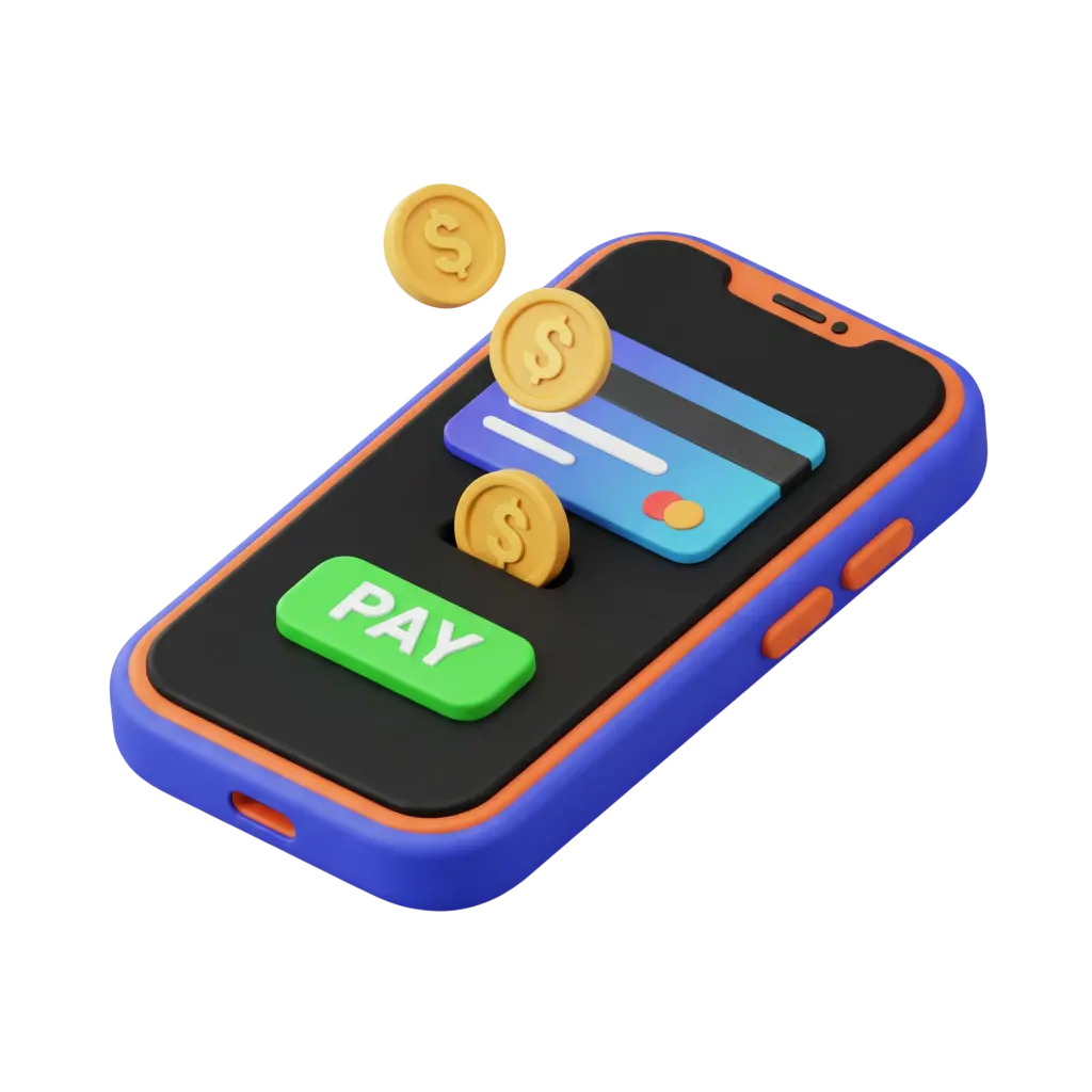 3D render of a stylized smartphone with a blue-orange rounded frame, matte black screen, a glossy green 'PAY' button, a flat credit-card graphic and floating gold coins with dollar signs, shown on a black background.