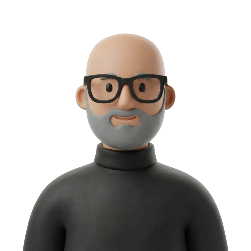 3D portrait bust of a bald middle-aged male wearing black rectangular glasses and a grey beard, dressed in a black turtleneck, with a subtle smile and neutral pose against a black isolated background.