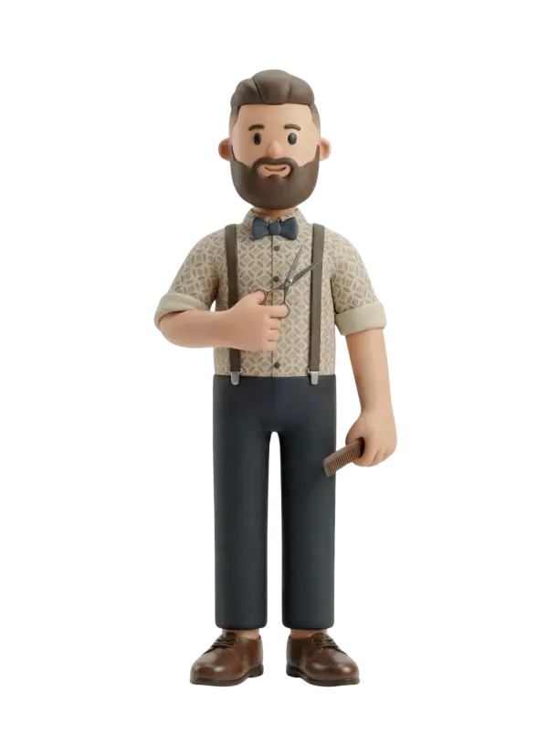 Full-body 3D character of a male barber wearing a patterned beige shirt with navy suspenders and a bow tie, dark trousers and brown shoes, with a trimmed beard and styled short hair. He holds scissors in one hand and a comb in the other, smiling in an isolated render on a transparent background.
