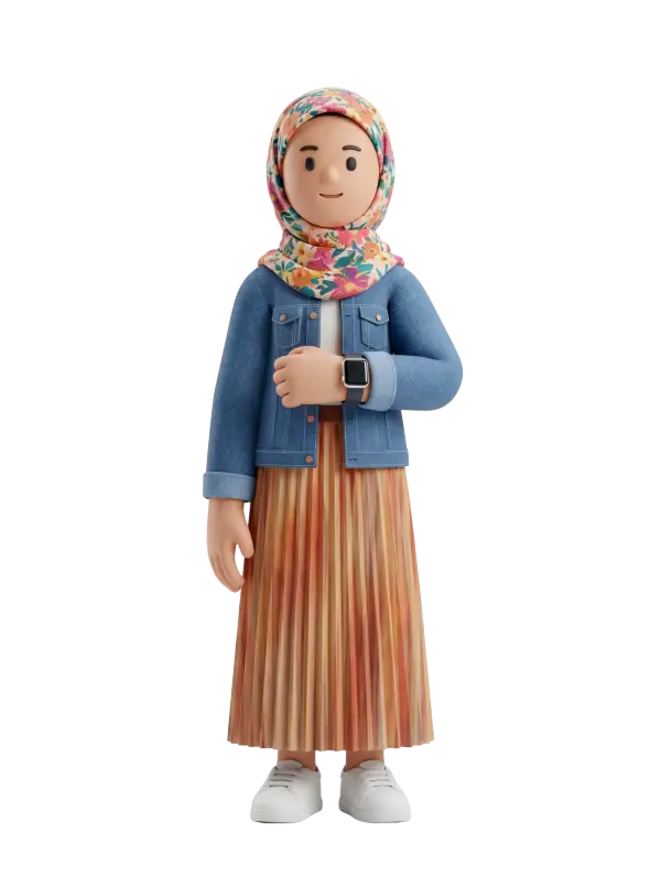 Full-body 3D character of a young woman wearing a floral hijab, denim jacket, pleated brown-orange skirt, white sneakers and a smartwatch, smiling in a relaxed standing pose. Isolated on a transparent background.