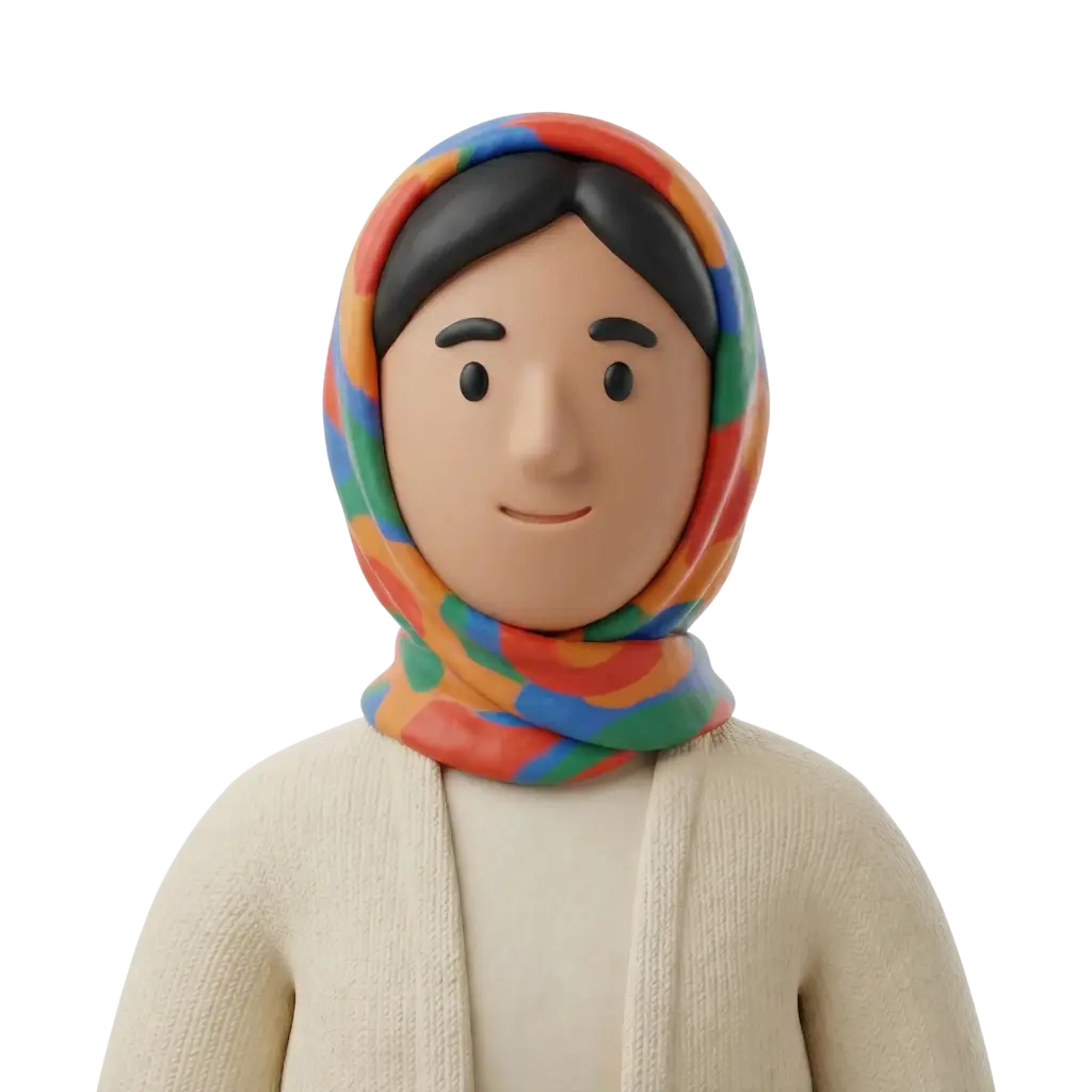3D portrait bust of a female wearing a colorful patterned hijab (orange, blue, green, red) and a cream knit cardigan, with a neutral smile and black hair visible at the forehead, centered isolated render on a black background.