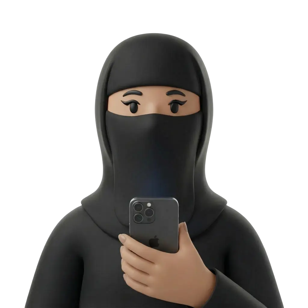 3D portrait bust of a niqabi woman wearing a black niqab and matching hijab, visible expressive almond-shaped eyes with winged eyeliner and neutral expression. She holds a dark smartphone in front of an isolated transparent background.
