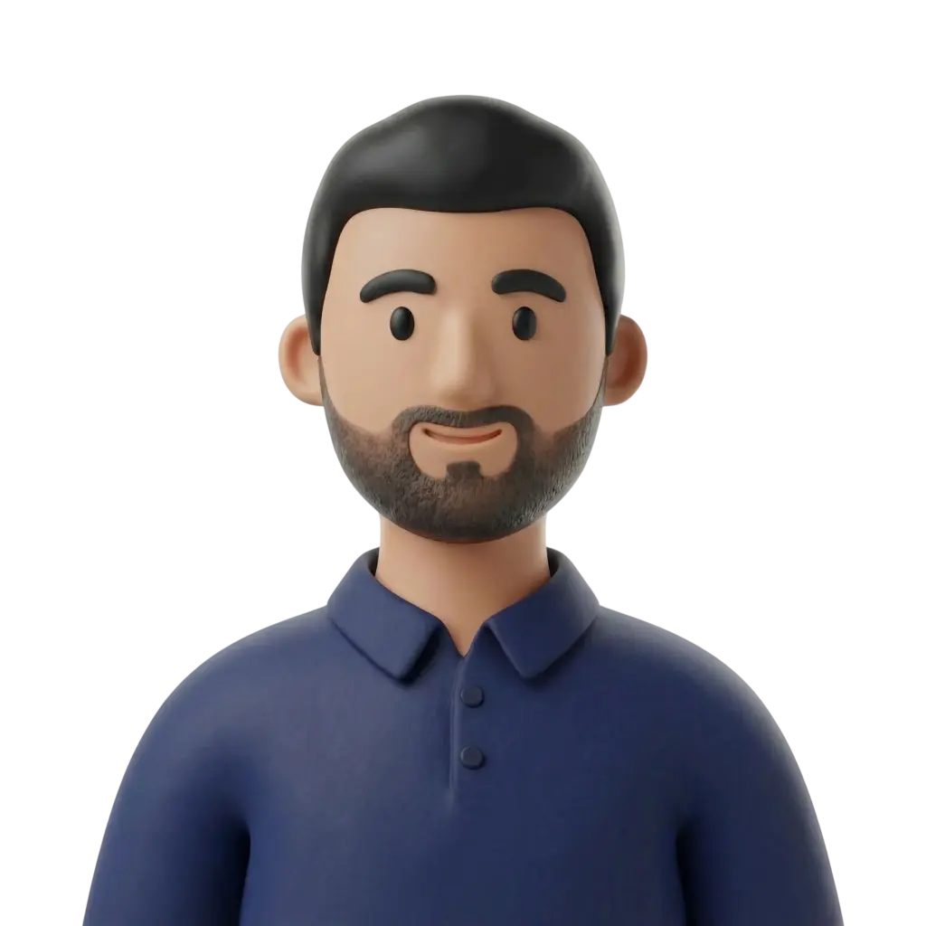 3D portrait bust of a male with short black hair and a trimmed full beard, wearing a navy blue polo shirt with a collar and two buttons, smiling gently against a plain black background.