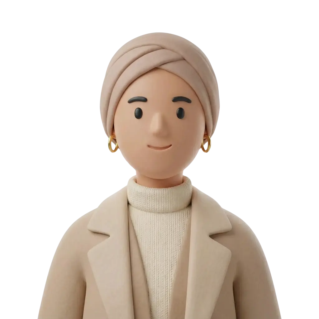 3D portrait bust of a female wearing a beige turban-style hijab, gold hoop earrings, cream turtleneck sweater and beige coat, neutral smile and forward-facing pose on a black background.