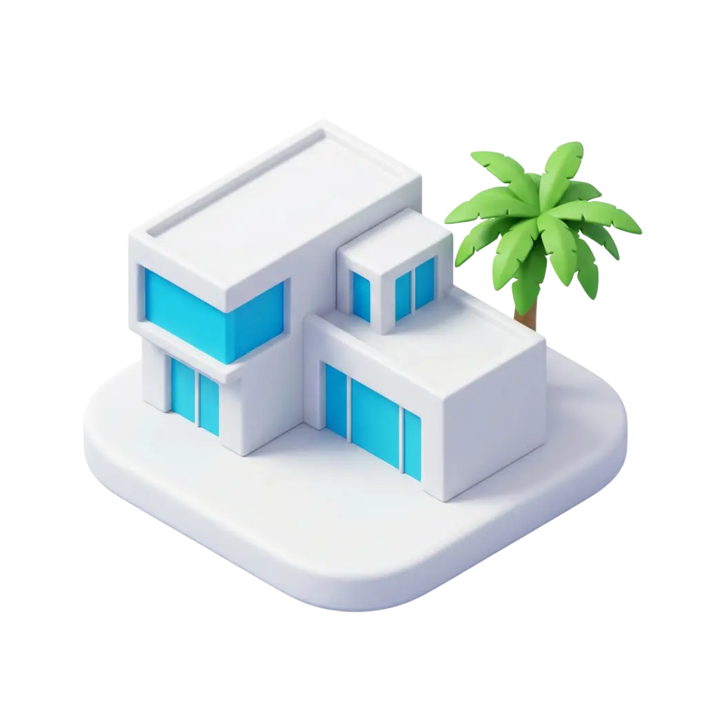 3D render of a stylized white two-story modern villa with flat roofs, bright blue glazed windows, and a single green palm tree on a rounded square platform; smooth matte surfaces with glossy window panes, isolated on a transparent background.