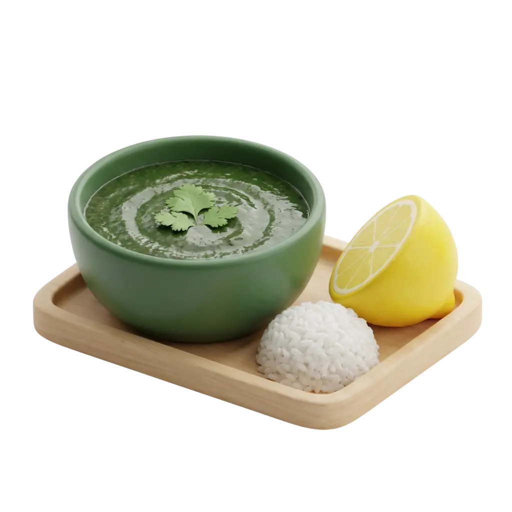 3D render of a green molokhia soup in a matte green bowl on a wooden tray, garnished with a cilantro leaf. A lemon half and a small mound of white rice sit beside the bowl on a black isolated background.