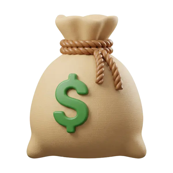 3D render of a beige textured fabric money bag with a twisted brown rope tie and a glossy green dollar sign on the front, isolated on a black background.