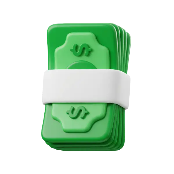 3D render of a stylized stack of green bills with rounded corners and embossed dollar signs, held by a wide white strap; glossy plastic-like finish and smooth edges. Isolated on a solid black background.