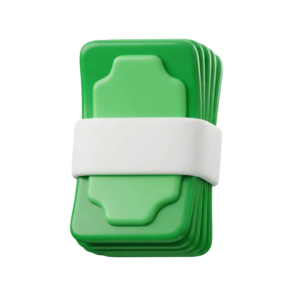 3D render of a stylized stack of green banknotes with rounded corners held by a white money band, glossy plastic-like finish, isolated on a black background.