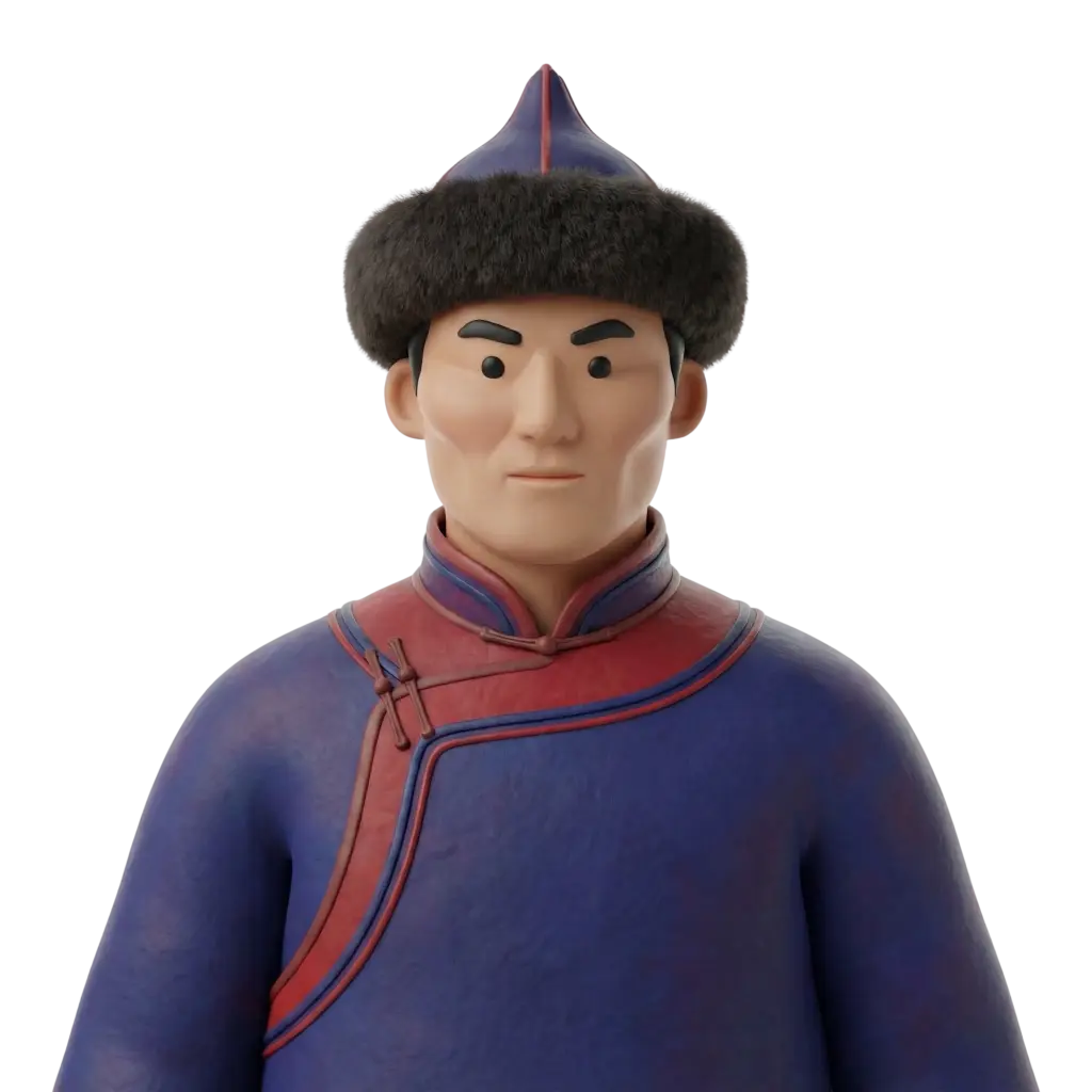 3D portrait bust of a Mongolian man wearing a blue and red traditional deel and a dark fur-trimmed hat, neutral expression, facing forward against a black isolated background. Minimal accessories, stylized facial features and a calm, composed pose.