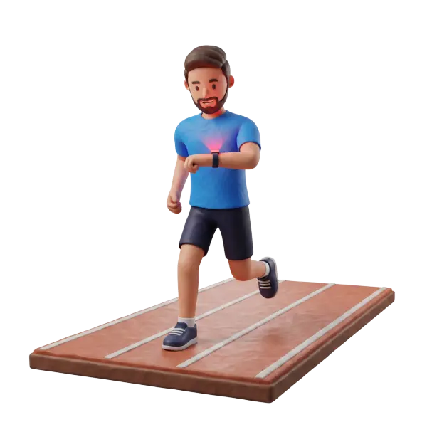 Full-body 3D scene of a single male runner in a blue t-shirt and black shorts jogging on a track while glancing at a glowing smartwatch on his wrist; the stylized character has a beard and sneakers with a black background and isolated render. The scene shows the athlete mid-stride on a track platform with visible lane lines and a playful, smooth 3D material finish.