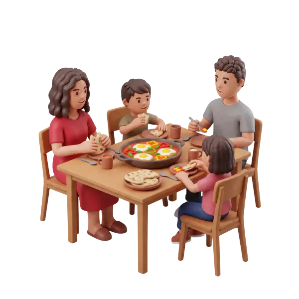Full-body 3D scene of a family of four (mother, father, son and daughter) seated around a wooden dining table sharing a homemade breakfast with a skillet of eggs and vegetables, flatbreads, mugs and utensils; soft clay-style 3D render on a transparent background.