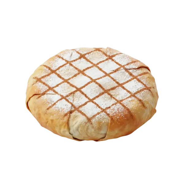 Top-down shot of a whole Moroccan bastilla with golden, flaky layered pastry dusted with powdered sugar and cinnamon in a crisscross pattern, isolated on a black background.