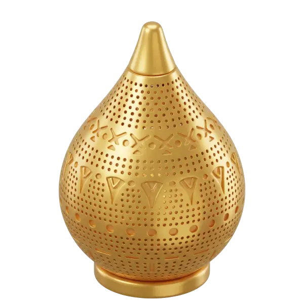 3D render of a teardrop-shaped Moroccan brass floor lamp with a glossy metallic finish, perforated geometric motifs and decorative cutouts, isolated on a black background.