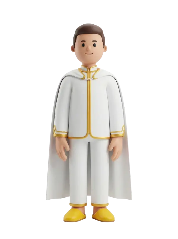 Full-body 3D character of a young Moroccan groom wearing a white jabador with gold trim and a matching white cape, yellow traditional slippers, short brown hair and a gentle smile, standing with arms at his sides. Isolated on a black background.