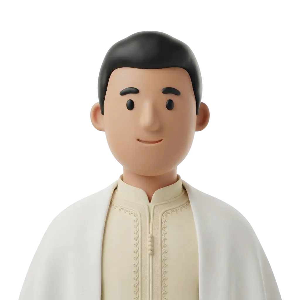 3D portrait bust of a male Moroccan groom wearing a cream embroidered djellaba and a white burnous draped over his shoulders, with short black hair, a gentle smile, and rounded facial features. Frontal, isolated render on a dark/transparent background.