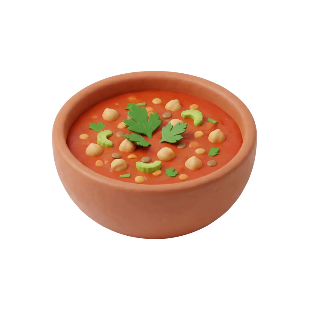 3D render of a terracotta bowl filled with bright red Moroccan harira soup, topped with whole chickpeas, lentils, sliced celery and green parsley leaves on a black background.