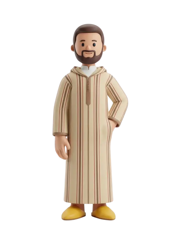 Full-body 3D character of a bearded Moroccan man wearing a beige striped hooded djellaba (جلّابة) with a white inner collar and yellow babouche slippers, one hand in his pocket and a friendly smile; isolated on a plain dark background.