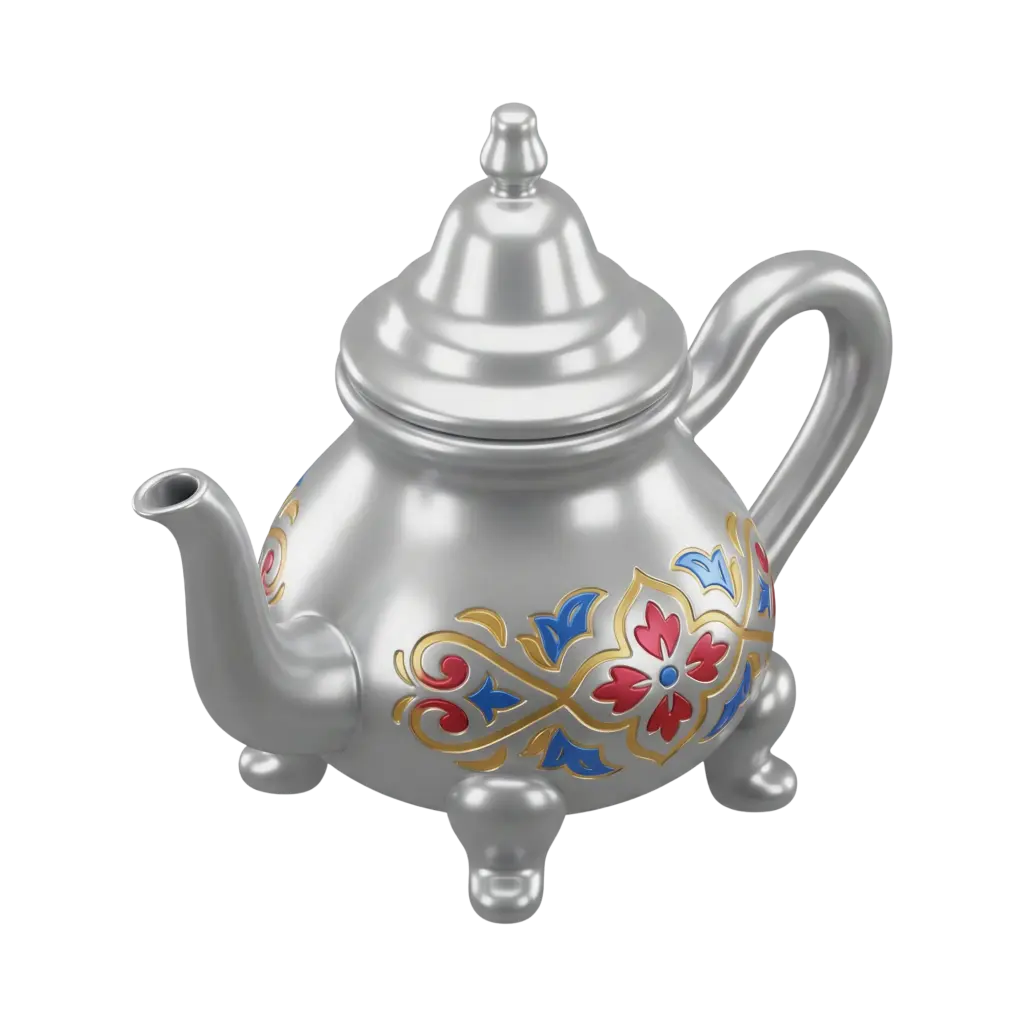 3D render of a small Moroccan berrad teapot with a rounded body, curved spout and handle, three short ball feet, and a pointed lid finial; smooth metallic silver finish with colorful enamel floral arabesque patterns in red, blue and gold, isolated on a black background.