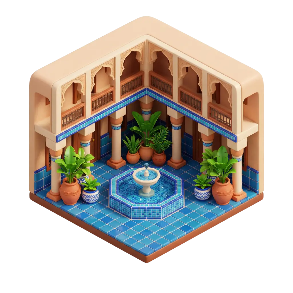 3D render of a Moroccan riad courtyard corner featuring an octagonal blue-tiled fountain, glossy ceramic mosaic floor tiles, cream stucco arches with carved decorative details, stone columns and terracotta planters with green plants. Isolated on a black background.