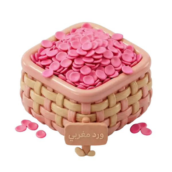 3D render of a square woven basket filled with glossy pink Moroccan rose petals; smooth rounded petals and a ceramic-like glossy basket finish, isolated on a black background.