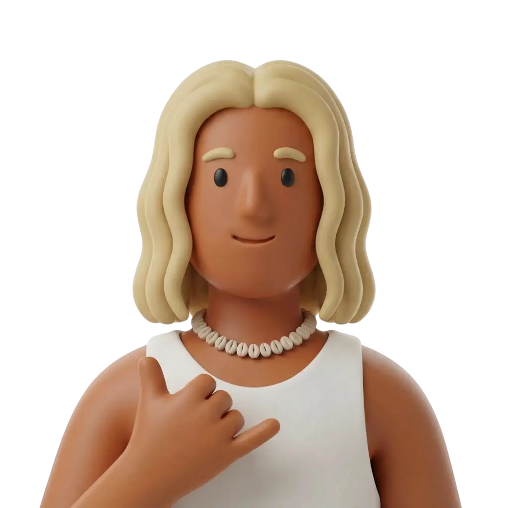 3D portrait bust of a young male with warm brown skin and shoulder-length wavy blonde hair, wearing a white tank top and a cowrie shell necklace, making a shaka hand gesture with a subtle smile against a black background.