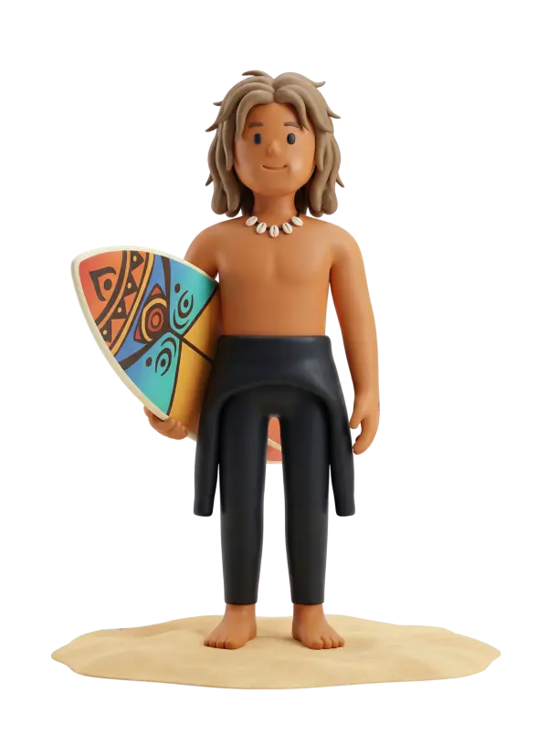 Full-body 3D character of a male Moroccan surfer from Taghazout with tan skin, shoulder-length wavy light-brown hair and a shell necklace, holding a colorful patterned surfboard. He wears black wetsuit pants with the wetsuit top tied around his waist, is barefoot standing on a small sand patch against an isolated black background.