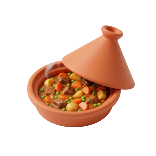 3D render of a Moroccan tagine with the conical lid slightly ajar, showing a stew of braised meat chunks, baby potatoes, sliced carrots and green peas in a glossy brown sauce, served in a terracotta clay pot against a black background.