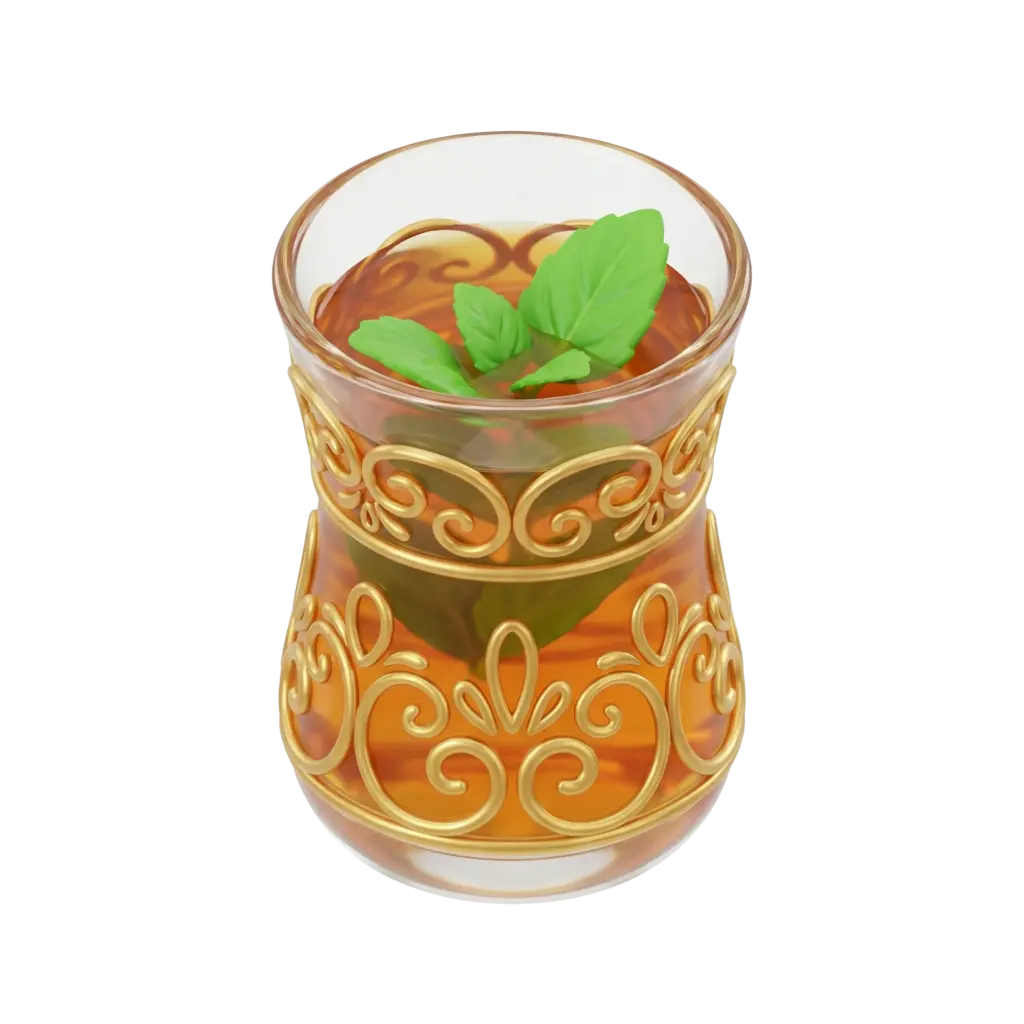 3D render of a Moroccan tea glass with ornate gold filigree, filled with amber tea and fresh green mint leaves, glossy glass finish, isolated on a transparent background.
