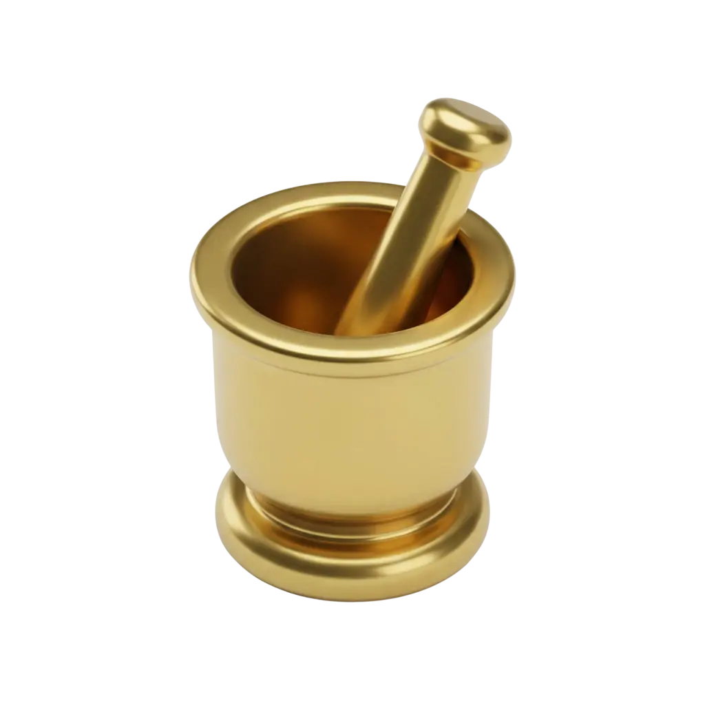 3D render of a compact mortar and pestle with a rounded bowl and short pestle, rendered in polished gold metallic finish with smooth reflections on a transparent background.
