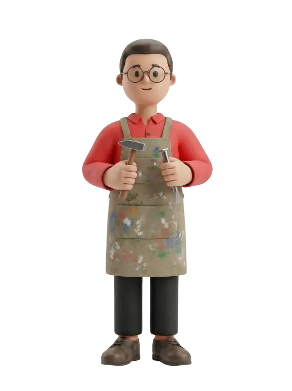 Full-body 3D character of a male artisan wearing round glasses, short dark hair, a red button-up shirt, a beige paint-stained apron, black cropped trousers and brown shoes; he stands facing forward holding a hammer and a chisel with a subtle smile and a neutral black background. The pose is relaxed and tools indicate hands-on mosaic or stone work.