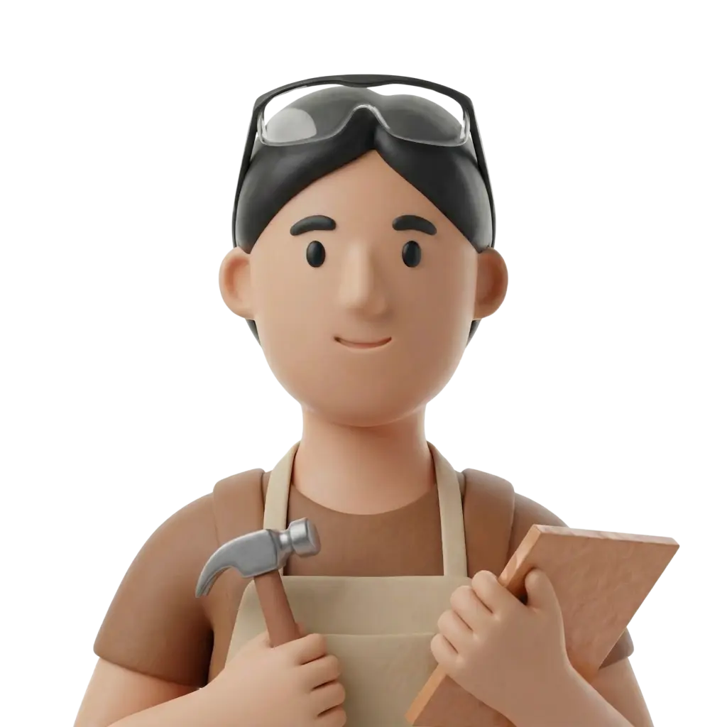 3D portrait bust of a young male mosaic artist wearing safety goggles on his head, a brown shirt and beige apron, holding a hammer and a tile, neutral smile, isolated on black background.