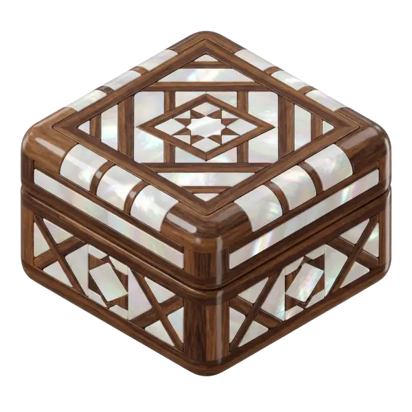 3D render of a square Damascus-style mosaic box with rounded corners, warm polished wood frame and iridescent mother-of-pearl inlay arranged in geometric Arabesque patterns, glossy finish, isolated on a black background.