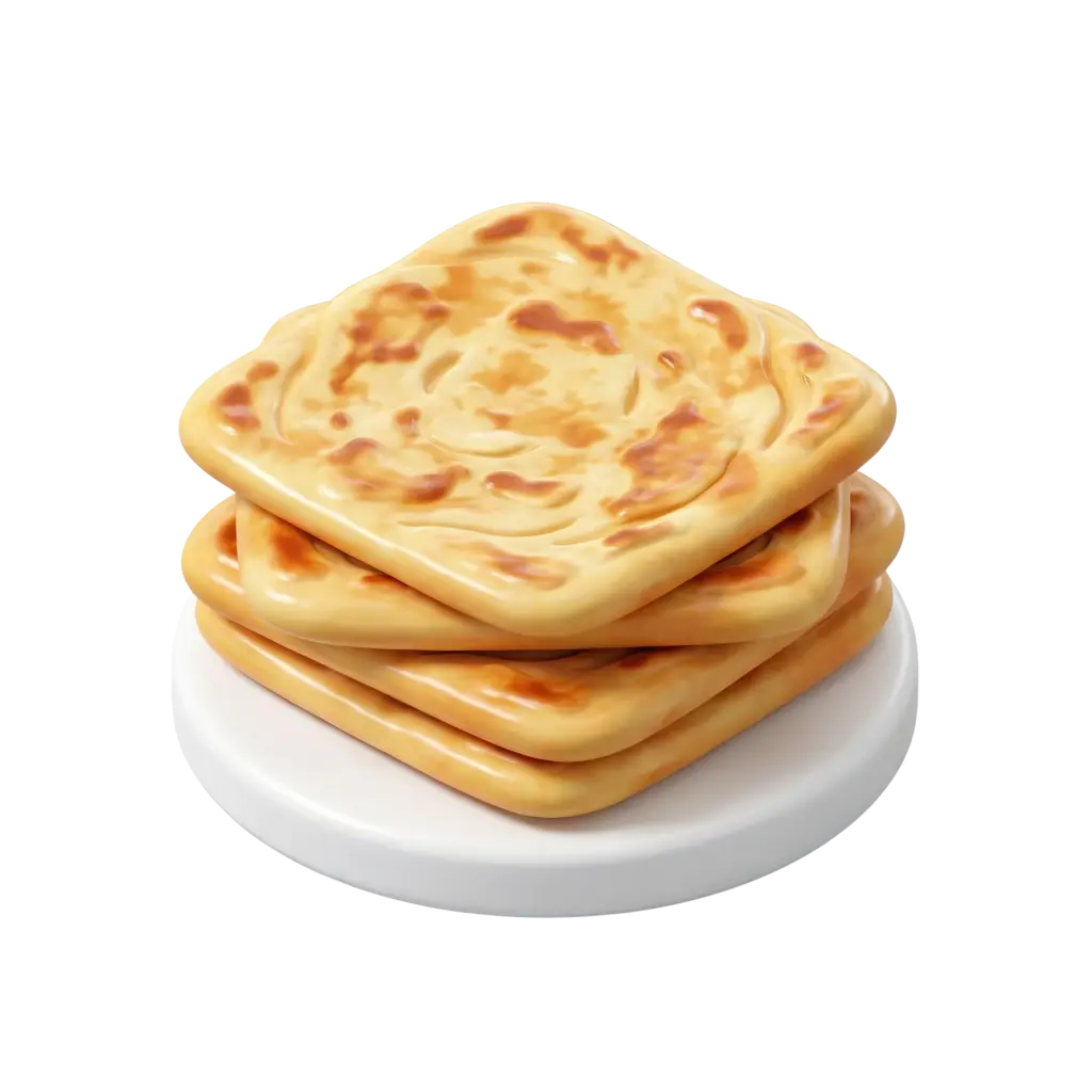 3D render of a stack of square msemen flatbreads with golden-brown spots and a glossy, layered texture, placed on a white round plate against a black background.