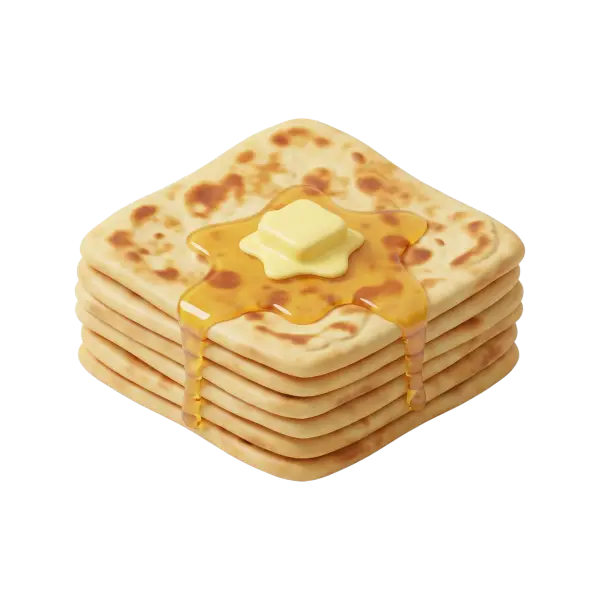 3D render of a stack of square msemen pancakes with golden-brown spots, topped with a pat of butter and glossy honey syrup dripping down the sides, isolated on a black background.