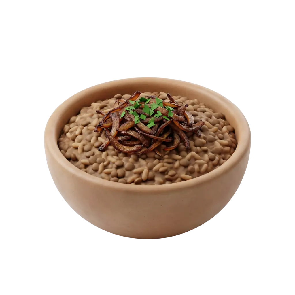 Close-up of a beige ceramic bowl filled with mujadara — visible cooked lentils and rice topped with caramelized fried onions and a sprinkle of chopped parsley, isolated on a black background.