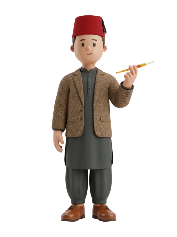 Full-body 3D character of a smiling adult male wearing a red fez (tarboosh), a dark grey long tunic and loose trousers with a brown textured blazer, holding a yellow pen in his right hand. Standing pose against a neutral black background with a gentle, approachable expression.