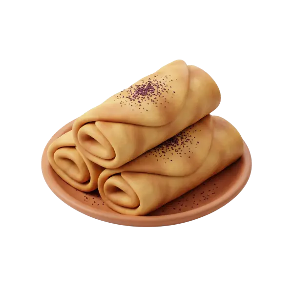 3D render of three rolled Musakhan flatbreads stacked on a terracotta plate, golden-brown dough with smooth folds and scattered dark red sumac, isolated on a black background.