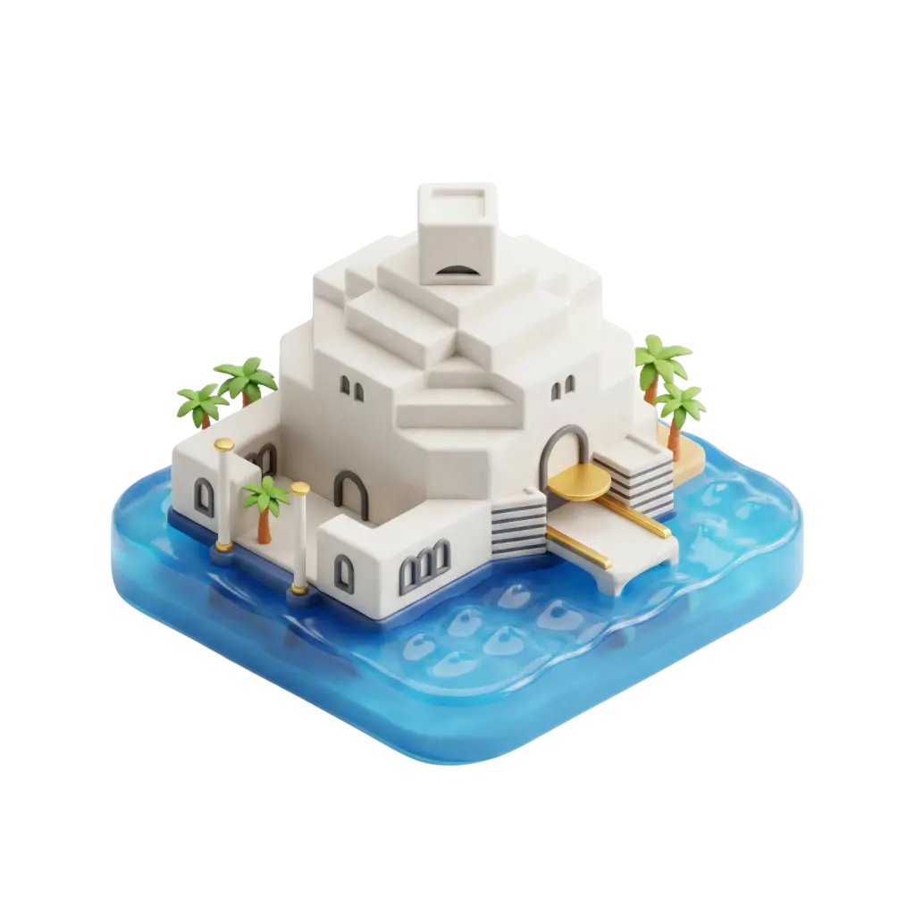 3D render of a stylized white stepped museum building with smooth matte plaster-like surfaces, small arched windows, and gold accent details, sitting on a glossy blue water base with miniature palm trees. Isolated on a black background as an isolated render.