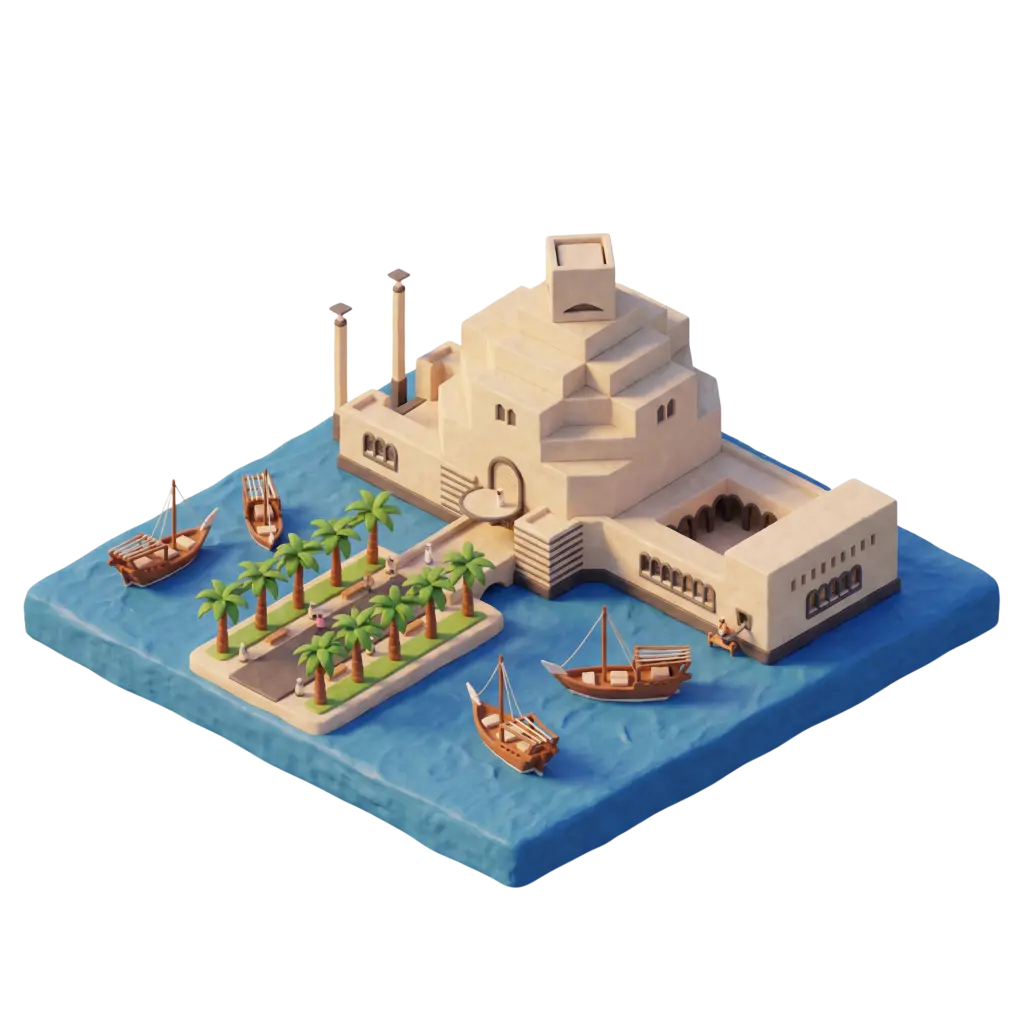 3D render of the Museum of Islamic Art in a stylized isometric scene, showing the pale limestone geometric volumes set on blue water with dhows and a palm-lined promenade. Soft daylight highlights the stepped cubic forms, arched windows, and waterfront setting from a slightly elevated perspective.
