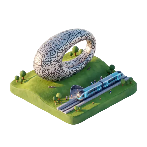 3D render of the Museum of the Future: a polished torus-shaped building covered in Arabic calligraphy sitting on a grassy hill with stylized trees, a metro train and tunnel entrance nearby, viewed in an isolated isometric perspective with soft daylight lighting.