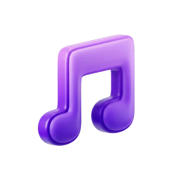 3D render of a purple glossy music note icon with rounded double-eighth-note shape, smooth plastic-like finish and soft highlights, isolated on a black background.