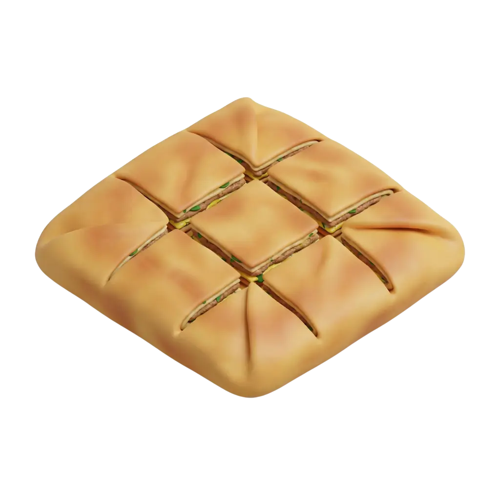 3D render of a square mutabbaq pastry with nine scored sections revealing layered savory filling of minced meat and green herbs between golden-brown folded dough, smooth matte crust with light browning, isolated on a black background.