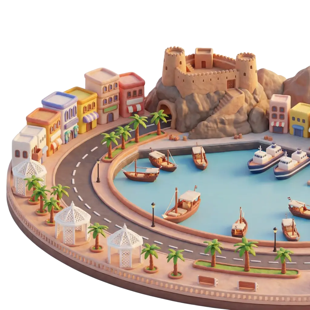 3D render of a coastal fort and curved corniche with a small harbor; sandy-toned stone fort sits on rocky outcrop overlooking turquoise water, traditional wooden dhows and motorboats, palm trees, promenade pavilions and colorful low-rise shops, warm studio lighting and isolated on black background. The perspective is a slightly elevated isometric view highlighting the circular bay and waterfront road.