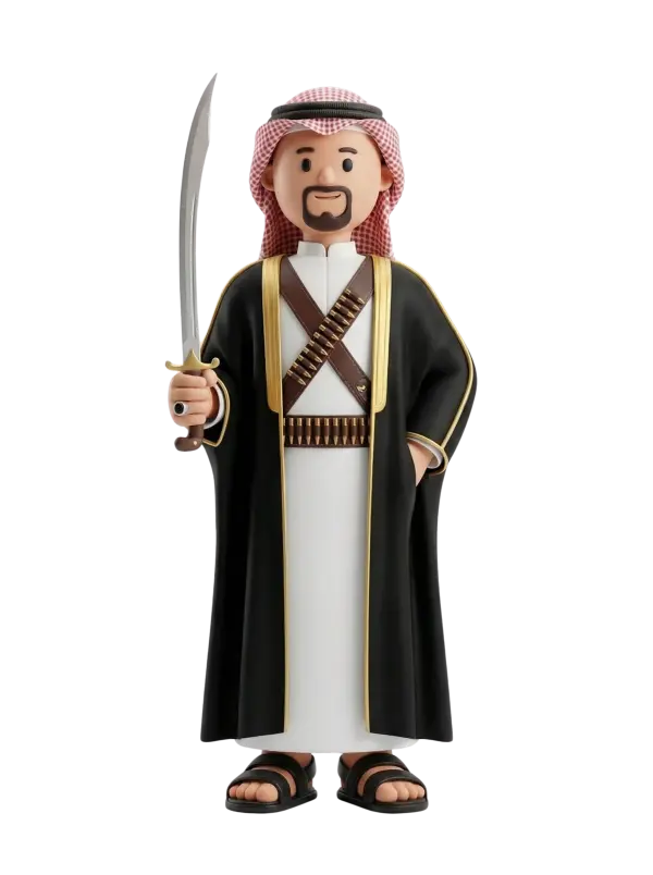 Full-body 3D character of a male Najdi Ardah performer wearing a white thobe, a black bisht with gold trim and a red-checkered shemagh, holding a curved ceremonial sword and a chest bandolier, smiling with a short beard and standing in sandals against a solid black background.
