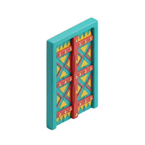 3D render of a stylized Najdi wooden door with a turquoise frame, red vertical and horizontal battens, yellow triangular inlays and shiny brass studs, painted matte wood finish on a transparent background.