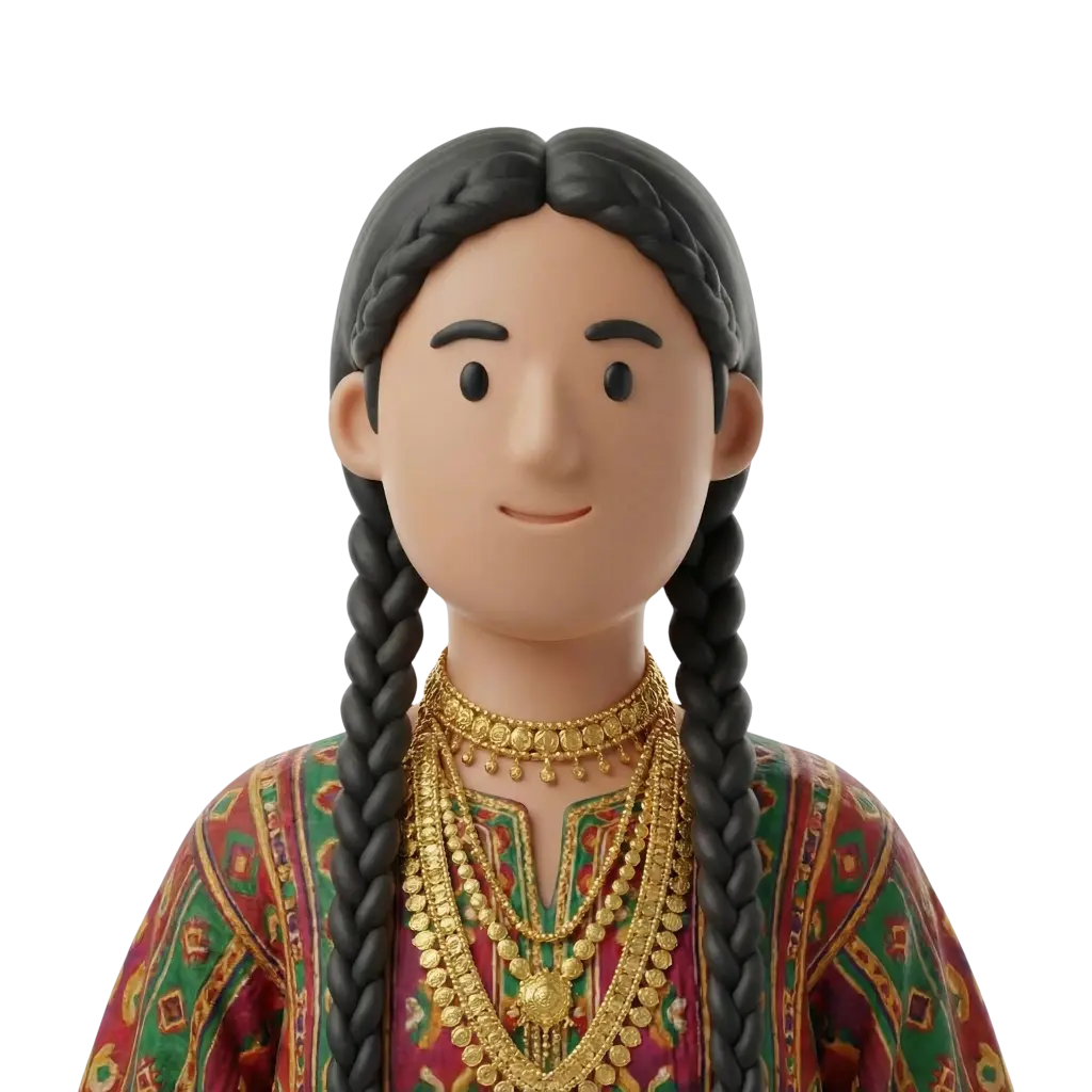 3D portrait bust of a young Najdi girl wearing a colorful green-and-red patterned traditional dress with long braided hair, layered gold necklaces, and a gentle smile, facing forward. Isolated on a black background.