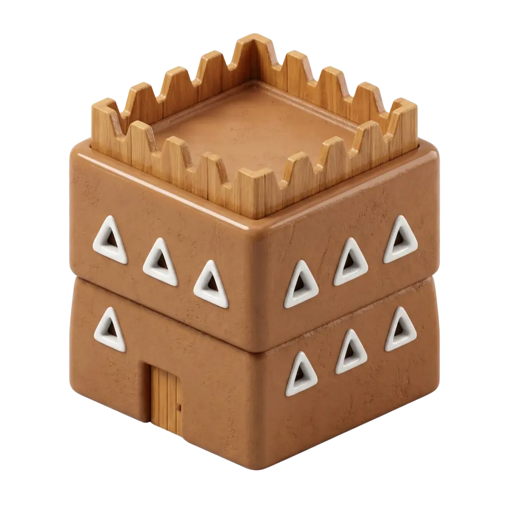 3D render of a stylized Najdi two-storey house with stacked rectangular volumes, warm terracotta matte finish, wooden crenellated rooftop, white triangular window frames and a small wooden door, isolated on a black background.