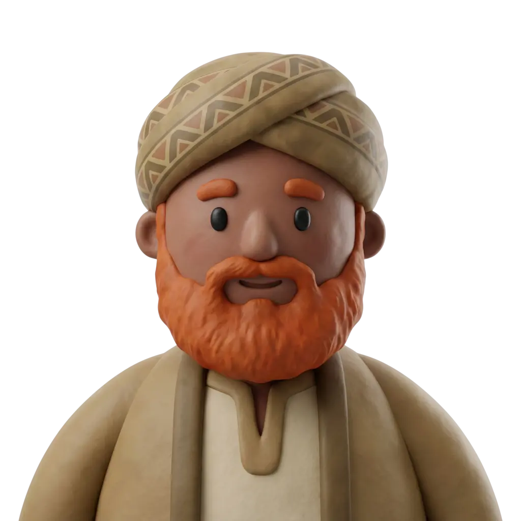 3D portrait bust of a Najdi man wearing a beige patterned turban and a matching earth-toned robe, with a full orange-red beard, simple black button-like eyes and a gentle smile, rendered with a warm matte clay-like texture on a black background.