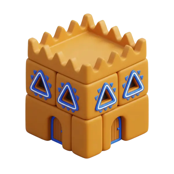 3D render of a stylized Najdi mud-brick house: a cube-like two-storey mud structure in warm terracotta clay with a matte finish, blue triangular decorative window frames, crenellated roofline and wooden arched doors, isolated on a transparent background.